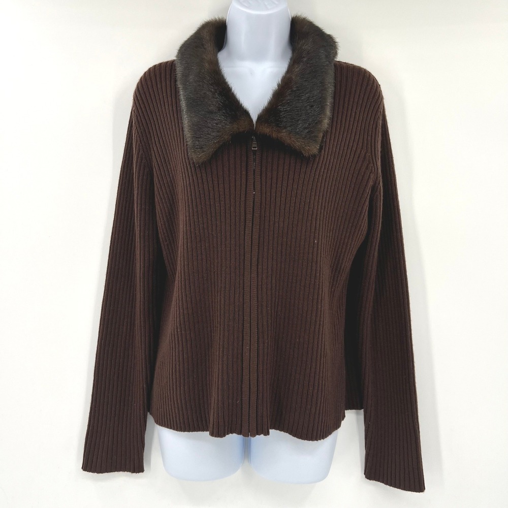 Kathie Lee Y2K Large Chocolate Brown Ribbed Knit Faux Fur Collar Zip Cardigan